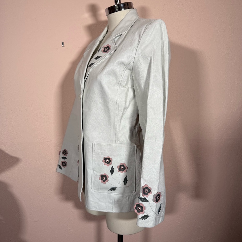Vintage White Leather feminine appliqué Flower festival jacket Blazer Y2K medium - Picture 16 of 17